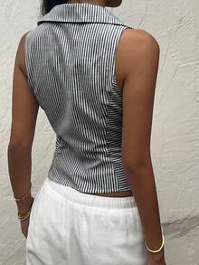 SHEIN EZwear 夏季條紋修身無袖女式襯衫 - 藏蓝色 - 查看 2