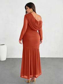 Firerie Plus Size Women Solid Color Asymmetrical Neck Ruched Fishtail Hem Elegant Dress Fall - Orange - View 3