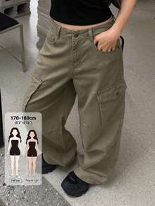 Dazy Tall Women's Button Pocket Cargo Street Casual Denim Jeans Fall - Khaki - View 1