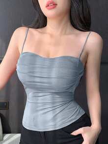 DAZY Built-In Padded Ruched Design Fitted Camisole Tank Top - Baby Blue - View 4