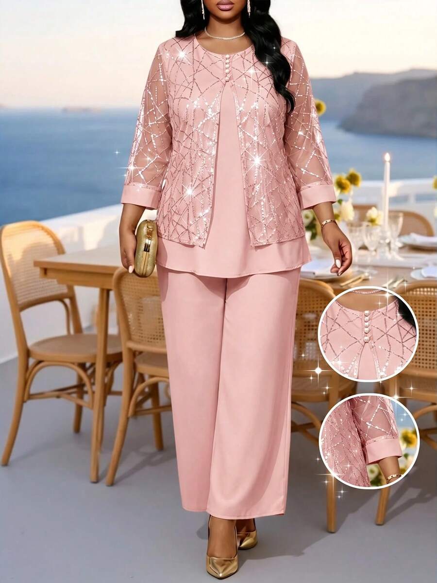 SHEIN Lady 大尺碼女款亮片網紗 2 合 1 上衣與長褲優雅兩件套 - 藕粉色 - 查看 1