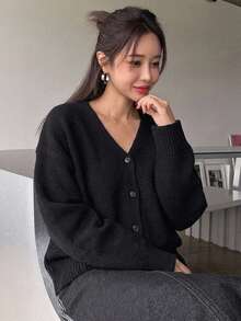 DAZY Women's Solid Color V-Neck Casual Versatile Daily Wear Long Sleeve Sweater - Black - View 4