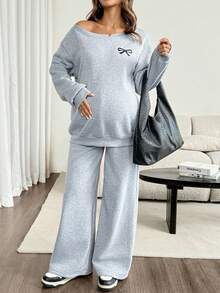 SHEIN Maternity Autumn/Winter Casual Bowknot Print Thermal Lined Sweatshirt & Sweatpants 2 Pieces Set - Grey - View 8