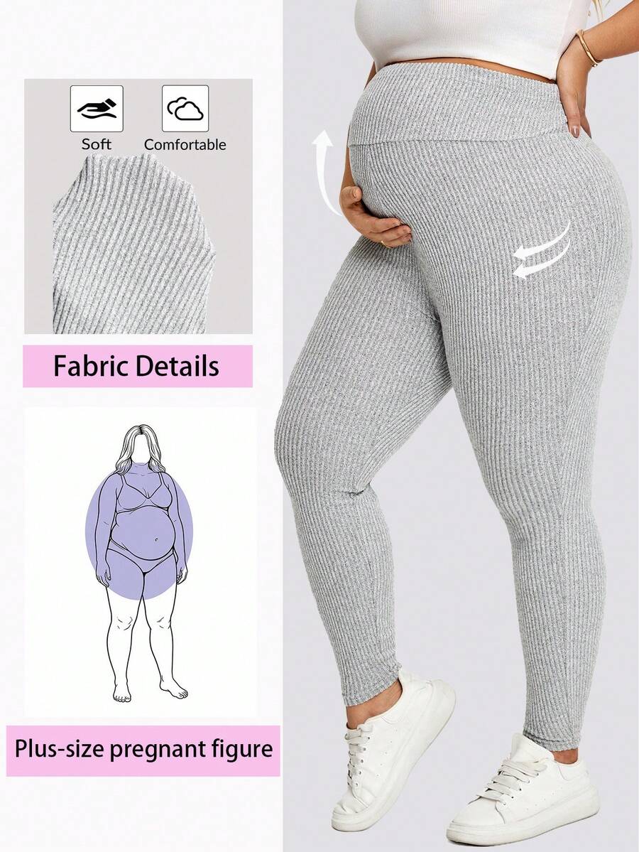 Plussiva Plus Size Maternity Solid Color Adjustable Waist Casual Long Pants Fall - Grey - View 1