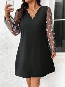 SHEIN Frenchy Plus Size Fall  Exquisite Black Mesh A Line Dress With Wave Collar And Sheer Paneling, For Bachelorette, Prom - Black - View 3
