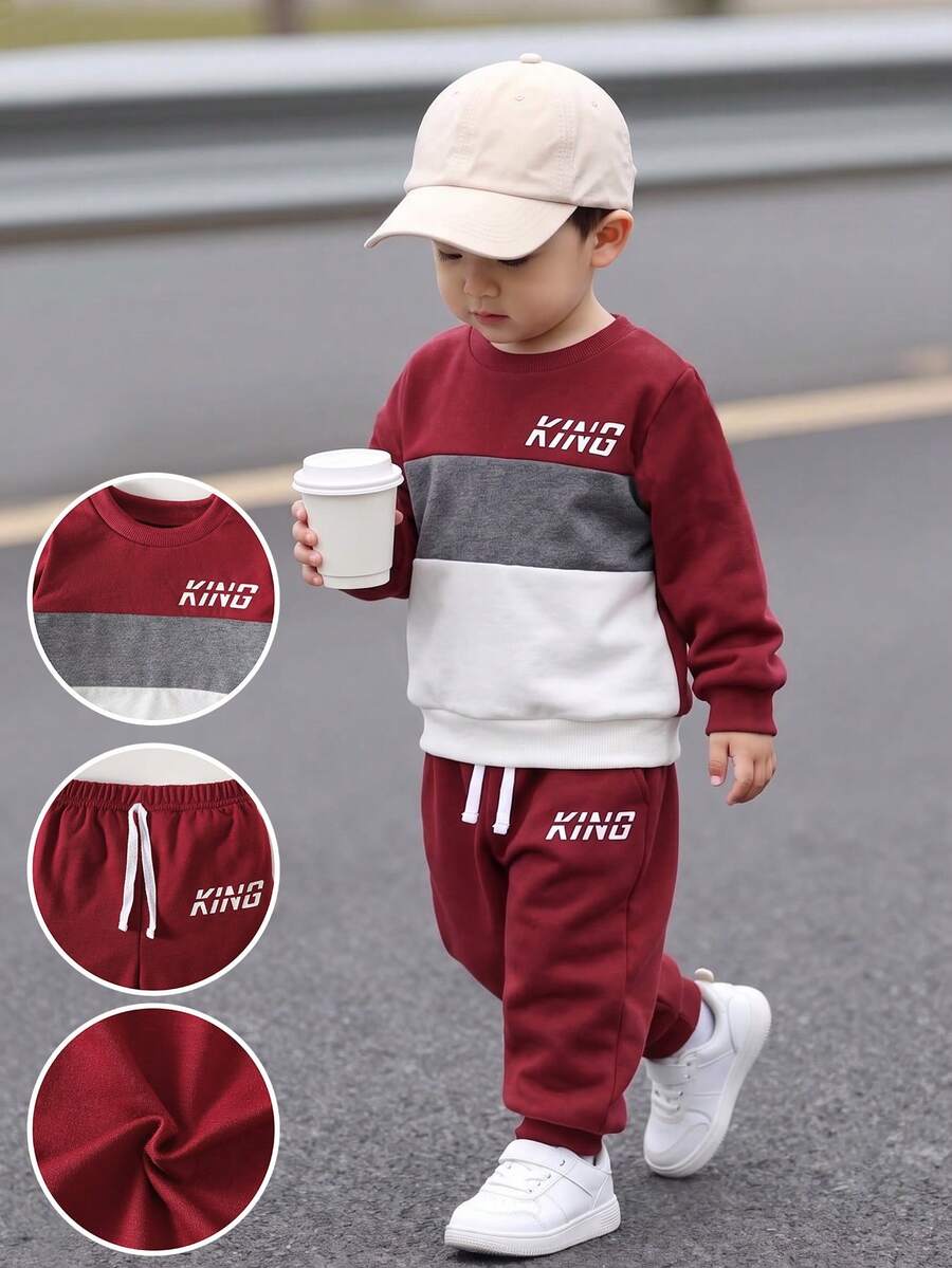 Souflis Souflis Baby Boy Autumn/Winter Long Sleeve Set, Burgundy, Patchwork Design, Comfortable Fabric, 2026 Fashion Clothing - Burgundy - View 1
