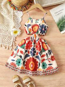 SHEIN Elladie kids 年轻女孩夏季假日花卉印花腰部镂空无袖连衣裙 - 彩色 - 查看 2