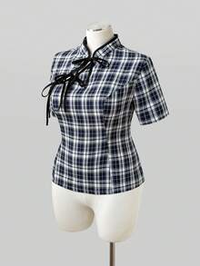 Sunspun Plus Size Summer Casual Plaid Tie-Front Cheongsam Collar Shirt - Multicolor - View 4
