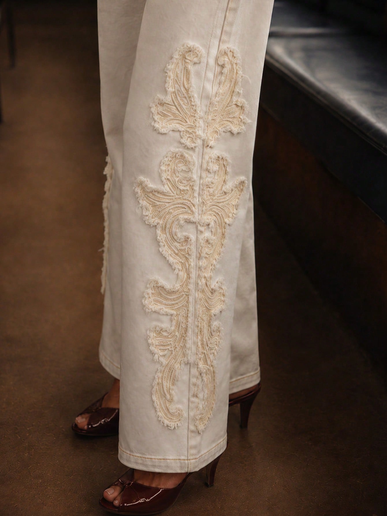 White Denim Frayed Applique Straight Leg Jeans, view 4