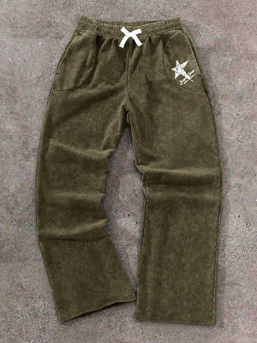SHEIN 兒童青少年男孩休閒日常百搭舒適軍綠色水洗做舊效果印花直筒寬鬆運動長褲,適合返校、生日派對、晚會、表演、婚禮、洗禮、開幕式等場合,適合日常穿著、學校、旅行、運動,四季皆宜 - 軍綠色 - 查看 1