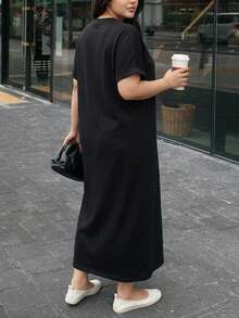 Dazy Plus Solid Color Casual Loose Long Black Versatile Knit Dress - Black - View 2