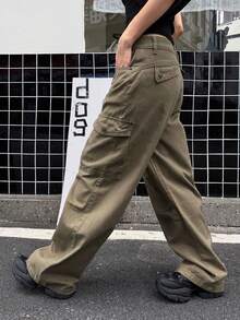 Dazy Tall Women's Button Pocket Cargo Street Casual Denim Jeans Fall - Khaki - View 2