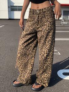 Dazy Tall Women's Leopard Print Loose Straight Leg Street Casual Denim Jeans Fall - Brown - View 4