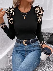 SHEIN Clasi Women's Patchwork Leopard Print Ruffle Long Sleeve Slim Fit Casual T-Shirt - Multicolor - View 3
