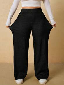 SHEIN Tall CURVE 冬夏大尺碼純色休閒舒適高彈力針織藍色水洗直筒牛仔褲 - 黑色 - 查看 5