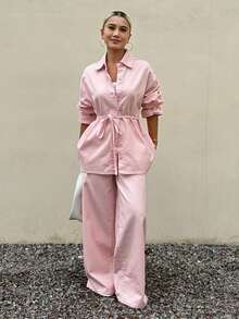 Livesso Tall Set Kemeja Longgar dan Celana Panjang Wanita Gaya Liburan Warna Pink untuk Musim Gugur - Berwarna merah muda - View 5