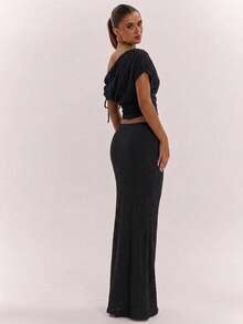 SHEIN BAE Women's Solid Color Asymmetric Neck Drawstring Design Top And Mermaid Skirt Fashion Two Pieces Set - Black - View 2
