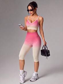 SHEIN Sports Gradient High Waist Slim Fit Sports Muscle Athletic Leggings Gym Sport Soft Yellow Summer - Bubblegum Pink - View 4