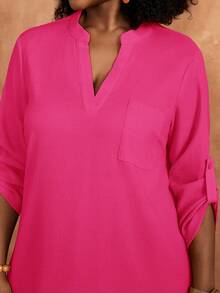BrightlyHer Plus Size Solid Color Versatile Pocket Textured Dress For Daily Wear Fall - Hot Pink - View 5