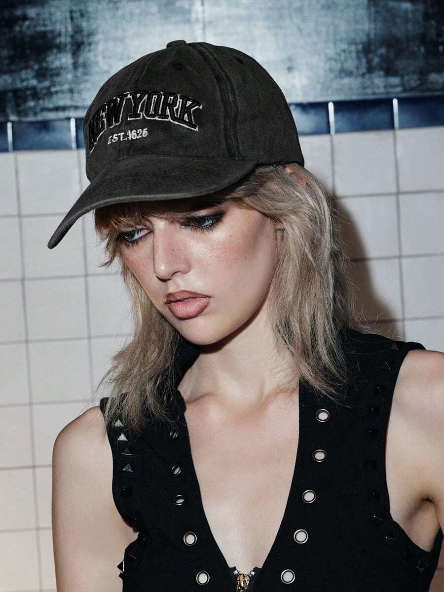 MortiRose 3D立體刺繡「NEW YORK」字母水洗棒球帽,正面「EST 1625」平面刺繡,背面「NEW YORK CITY」平面刺繡,可調節戶外帽 - 黑色+灰色 - 查看 1