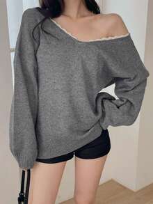 DAZY Sweater Rajut Kasual Lengan Panjang Leher V Longgar dengan Pita Besar dan Renda Warna Kontras Patchwork untuk Wanita, Musim Gugur/Dingin - Grey - View 2