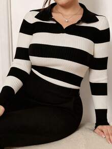 Lacomfia Plus Size Women's Colorblock Casual Versatile Everyday Pullover Sweater - Black and White - View 1