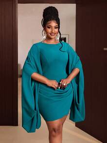 Maweii Gaun Pesta Kasual Lipit Warna Polos untuk Wanita Ukuran Plus - Teal Blue - View 4