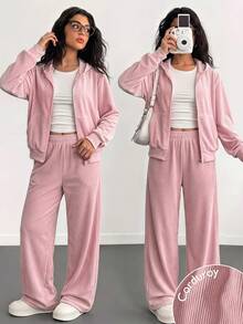 SHEIN 2件組女童連帽長袖拉鍊外套，腰部與袖口收邊，短版連帽衫，彈性腰寬鬆寬腿休閒運動褲，秋季 - 粉色 - 查看 2