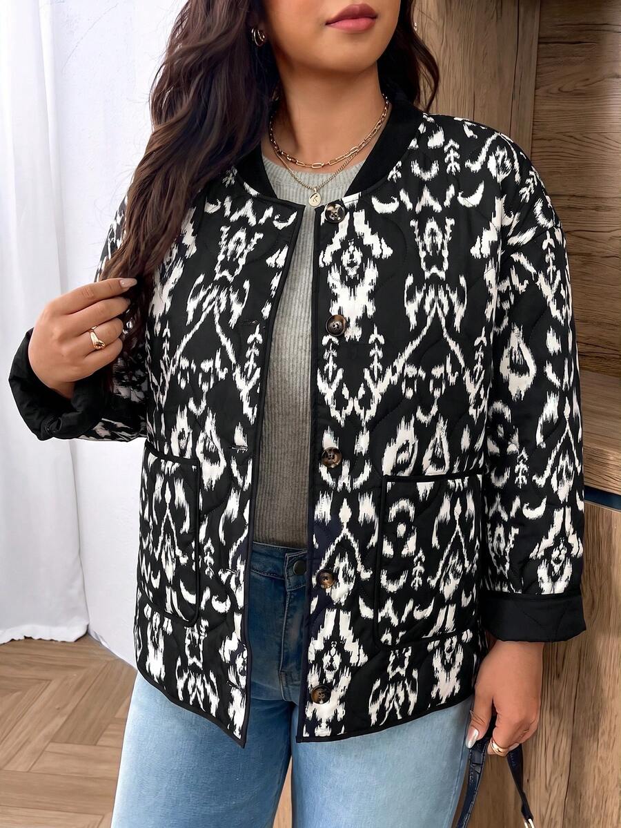 Lounesse Plus Size Printed Contrast Color Single-Breasted Long Sleeve Pocket Padded Coat