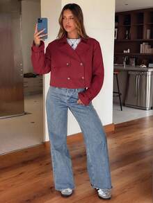 SHEIN EZwear Women's Apricot Solid Color Double-Breasted Cropped Jacket In Fall/Winter - Red - View 5