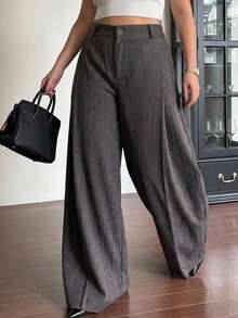 Dazy Plus Plus Size Women's Loose Striped Wide Leg Pants, Business Casual Commuter Style, Spring/Autumn - Grey - View 6