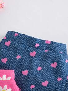 SHEIN Elladie kids 2件套 女童活力假日向日葵、爱心、人脸牛仔印花不对称短裤，蓝粉组合，适合夏季外出穿着 - 彩色 - 查看 3