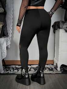 Whyspr Grunge Punk Darkwear Party Plus Size Punk Style Mesh Patchwork Grommet Leggings - Black - View 3