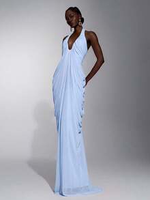 Elitara Elegant Minimalist Fashion Blue Elastic Mesh Halter Strap Full Pleated Maxi Formal Evening Gown For Women - Blue - View 5