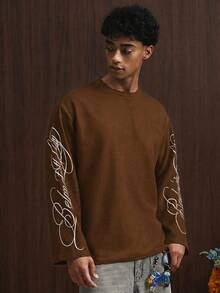 TOKVUE Men's Young Casual Vintage Font Print Long Sleeve Brown T-Shirt - Brown - View 6