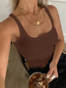 Livesso 女款純色休閒商務細肩帶背心，夏季學院風上衣，日常白天穿著，棕色 - 咖啡棕 - 查看 3