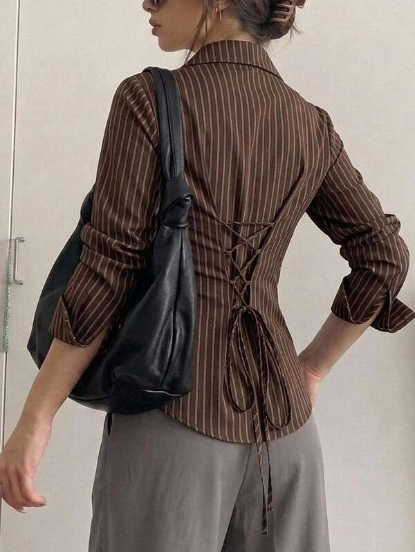 Attitoon Women's Casual Front Button-Up Back Tie Fitted Long Sleeve Shirt, Suitable For Autumn/Winter Casual Minimalist Romantic Vintage Brown Striped, Women's Formal Shirt, Women's Commute Outfit, Women's Summer Outfit
