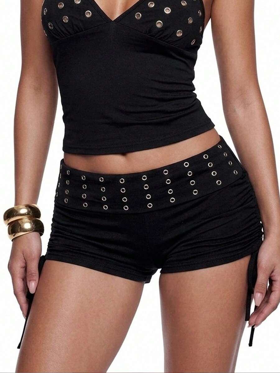 SHEIN ICON 修身抽繩摺疊腰部孔眼設計超舒適休閒短褲 - 黑色 - 查看 1