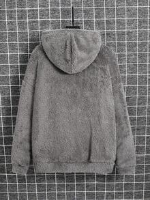 SHEIN 青少年男孩休閒刺繡雙面抓毛連帽套頭衛衣，秋冬款灰色上衣 - 灰色 - 查看 3
