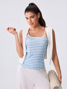 Loungeista Women Thin Spaghetti Strap Cami Top, Versatile Casual Tank Top, Sport Vacation Loungewear For Spring Summer Autumn - Blue and White - View 1