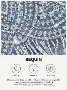 SHEIN MOD Plus Size Fashion Sequin Tassel Hem Button Pocket Denim Skirt - Light Wash - View 3
