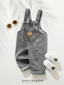 Cozy Pixies Baby Boy Summer Bear Embroidery Pocket Denim Bib Pants - Light Grey - View 5