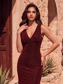 Coutiva Women's Solid Color V-Neck Elegant Waist-Cinched Evening Dress - Red - View 3