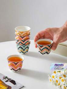 8pcs Bohemian Ikat Diamond & Zigzag Pattern Ceramic Tea Cup Set, Per Color Stackable Hand-Painted Mini Porcelain Mug, Suitable For Coffee, Kung Fu Tea, Home Gift - Multicolor - View 2