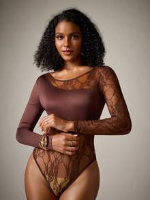 DreamPoppy Women's Sexy Lace Patchwork Long Sleeve Sheer Asymmetrical Neckline Jumpsuit - Coffee Brown - View 8