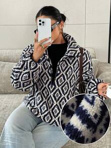 Dazy Plus Vintage Floral Pattern Plus Size Thermal Lined Thick Loose Long Sleeve Pullover Casual Streetwear Autumn/Winter Sweatshirt - Navy Blue - View 1