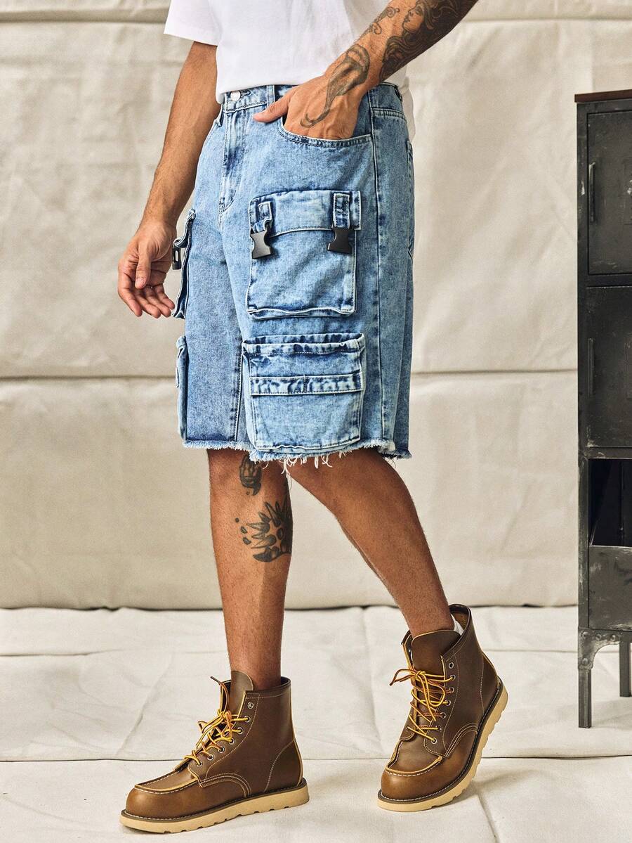 Norleigh Men's Distressed Light Blue Denim Cargo Shorts, Streetwear Loose Fit Jorts Tropical Street Hang Out Work - Light Wash - View 1