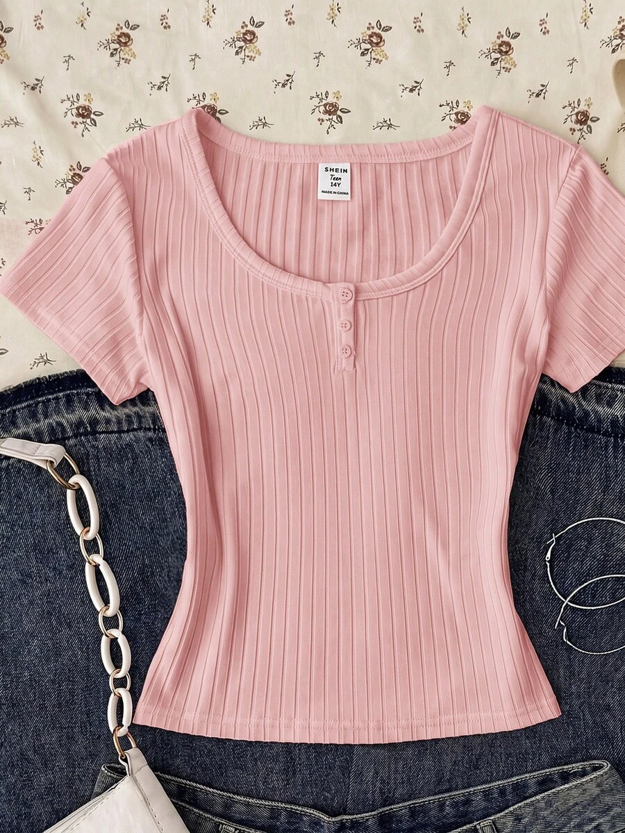 Teen Girl Summer New Slim Fit Flattering Versatile Pink Ribbed Knit Round Neck Button Short Sleeve Top - Pink - View 1