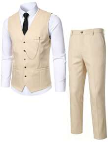 Manfinity Mode Men's Solid Color Waistcoat And Suit Pants Business Formal Set Wedding Suit For Ceremony - Beige - View 3