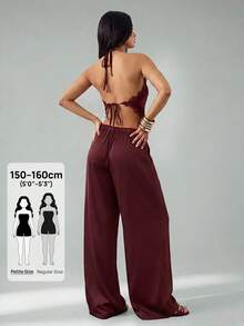 SHEIN PETITE 女款性感復古緞面對比蕾絲細肩帶上衣與低腰口袋寬腿褲套裝，夏季度假海灘夜生活約會酒紅色套裝 - 紫紅色 - 查看 2